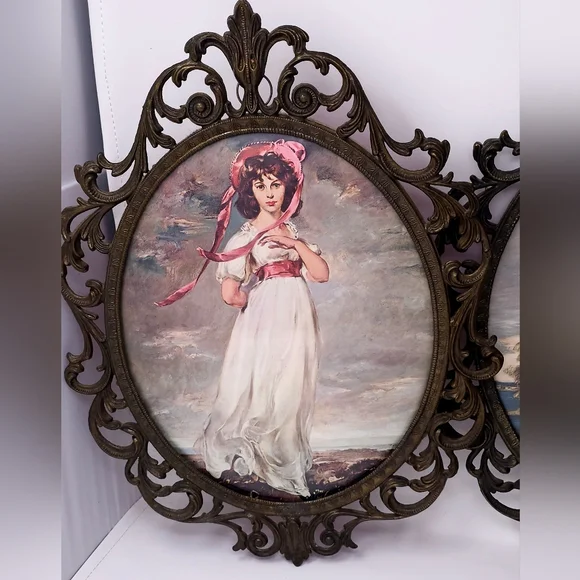 Vintage Victorian Pinky and Blue Boy Painting Prints Concave Glass Brass Frame